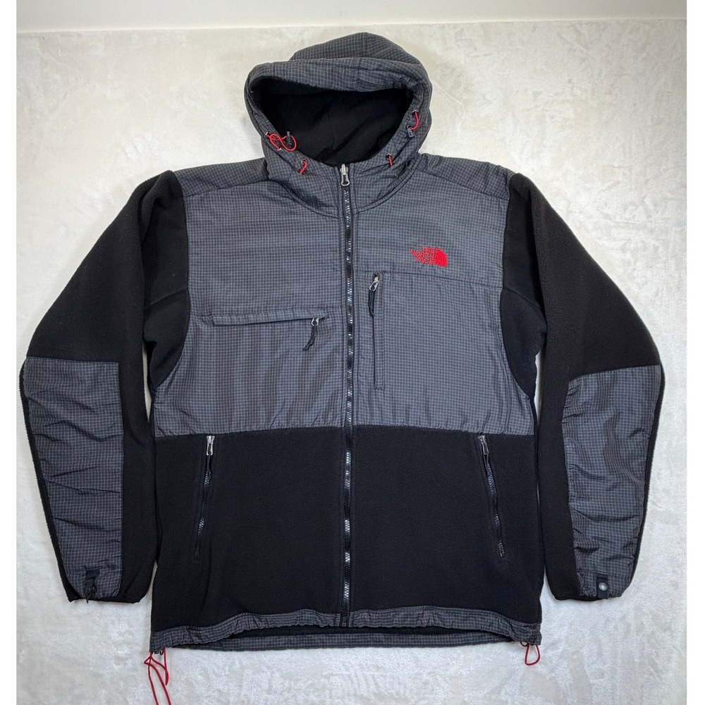 The North Face Black Grey Grid Denali Hooded Fleece Jacket Mens XL Excellent